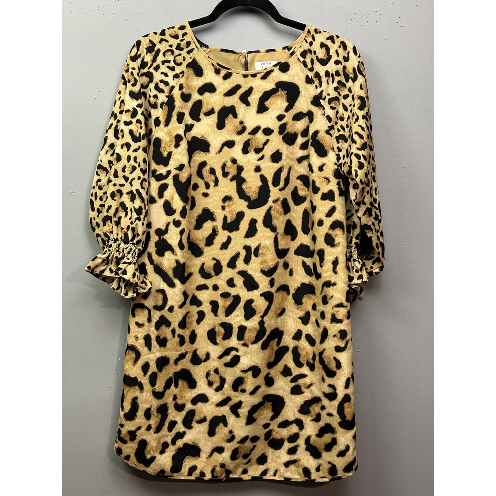 Crown & Ivy Dress Women 4 Tan Leopard Print Shift Smocked Ruffle 3/4 Sleeve